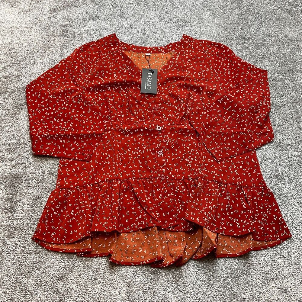 Tasamo Blouse Top Womens 2XL Orange Floral Button Up Long Sleeve Shirt New NWT